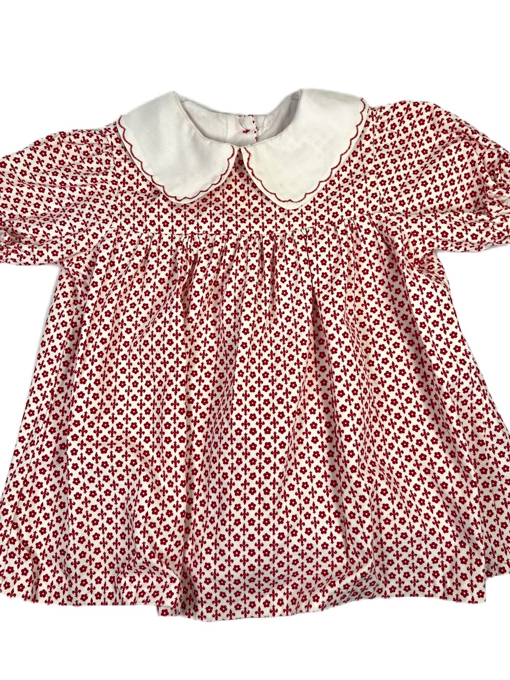 Vintage Handmade Fleur De Lis Cotton Dress Peter Pan Collar 12-24 mos Red/White